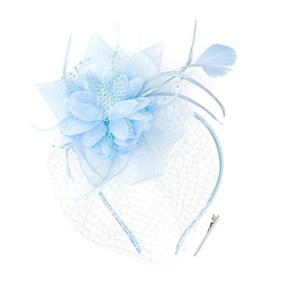 Women Fascinators Hat Light Blue Mesh Feathers Veil Derby Tea Party - Picture 6 of 6